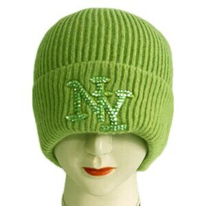 Men Women Rhinestones NY Winter Knit Fur lined Thick Beanie Hat - Apple Green